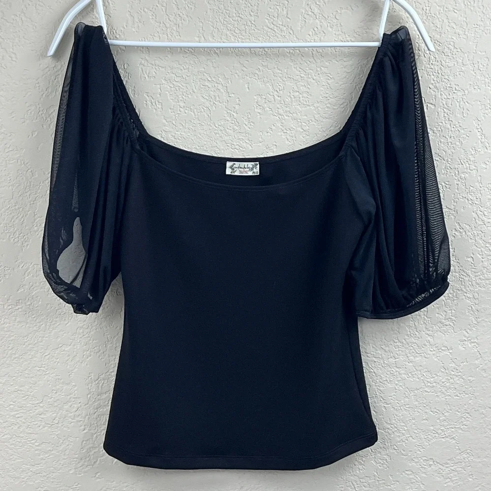 Free People Top Women's‎ Small Black Puff Sleeve Sleeve Cami Square Neck Stretch